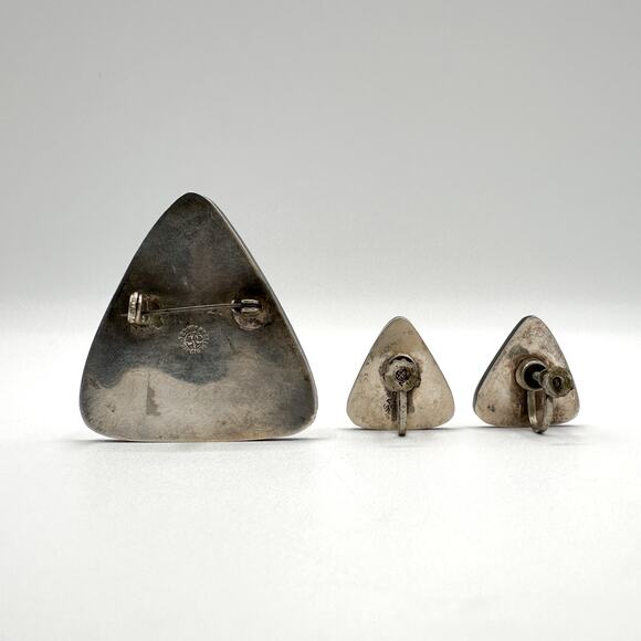 Vintage Mexican Modernist Sterling Silver Brooch & Earrings Set 925 - Picture 9 of 13